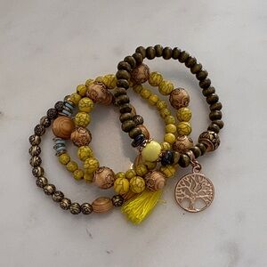Yellow and Brown Beaded Bracelet Set with Tree Charm